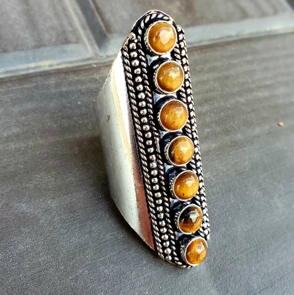 New 7 Stone Tiger Eye Adjustable Silver Statement Ring. - Picture 12 of 15